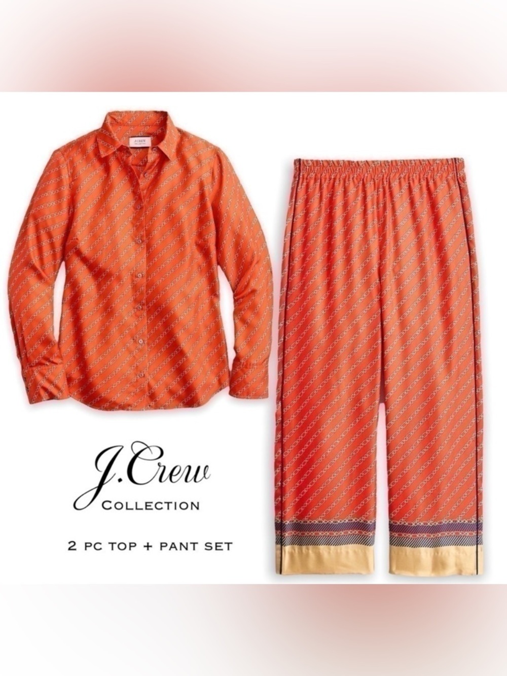 NWOT J.Crew Collection Silk Pajama Set Brilliant Sunset Red Chains 4 Blouse Pant